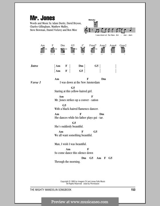 Mr. Jones (Counting Crows): For voice and piano (or guitar) by Adam F. Duritz, David Bryson