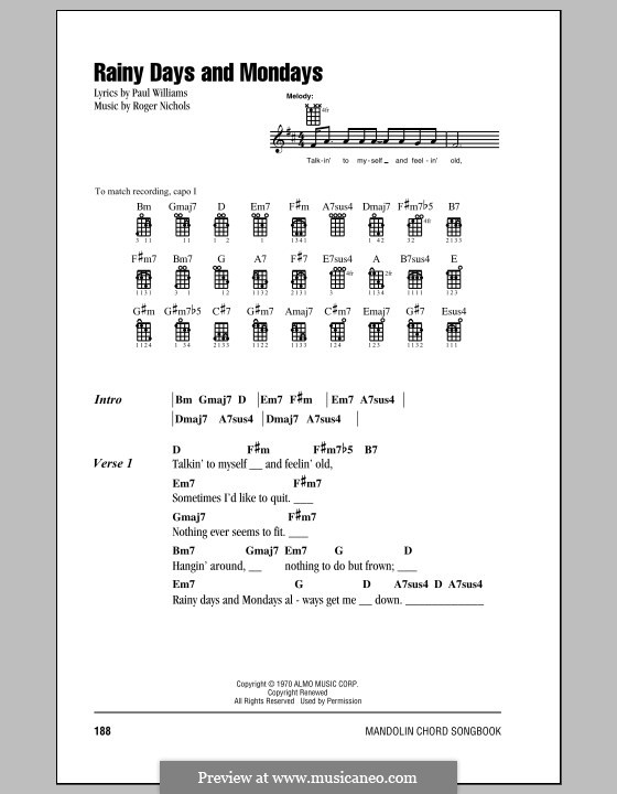 Rainy Days and Mondays (Carpenters): For mandolin by Paul H. Williams, Roger Nichols