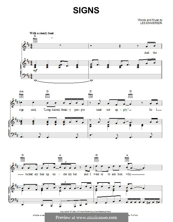 Signs (Five Man Electrical Band): For voice and piano (or guitar) by Les Emmerson