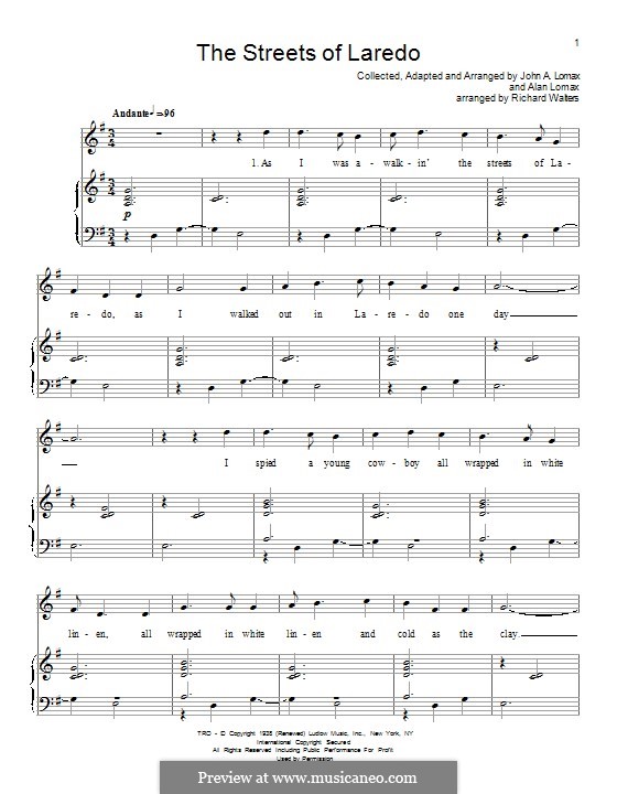 Free Piano Sheets Online - Streets of Laredo