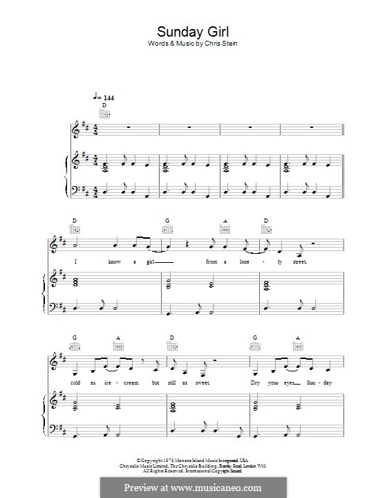 Sunday Girl (Blondie): For voice and piano (or guitar) by Chris Stein