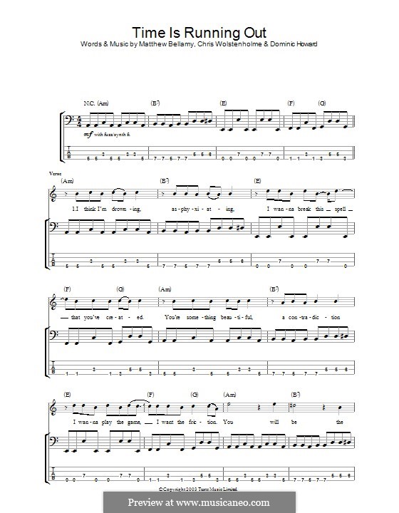 Time Is Running Out (Muse): For bass guitar with tab by Chris Wolstenholme, Dominic Howard, Matthew Bellamy