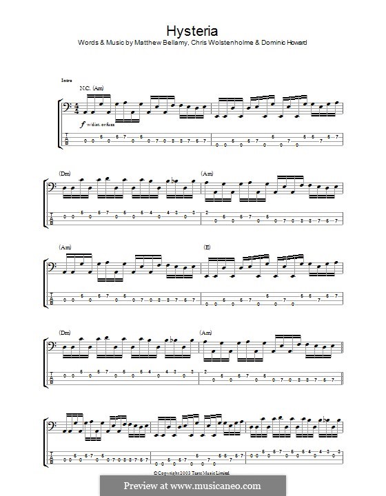 Hysteria (Muse): For bass guitar with tab by Chris Wolstenholme, Dominic Howard, Matthew Bellamy