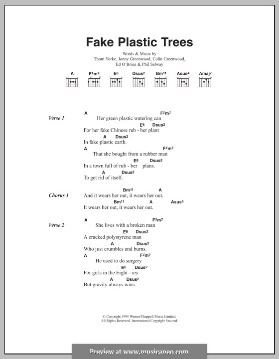 Fake Plastic Trees (Radiohead): Lyrics and chords by Colin Greenwood, Ed O'Brien, Jonny Greenwood, Phil Selway, Thomas Yorke