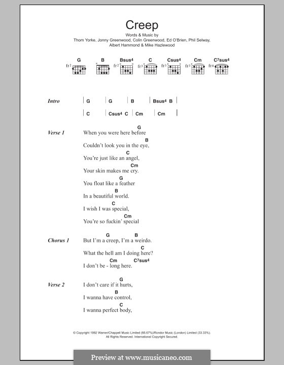 Creep (Radiohead): Lyrics and chords by Albert Hammond, Colin Greenwood, Ed O'Brien, Jonny Greenwood, Mike Hazelwood, Phil Selway, Thomas Yorke