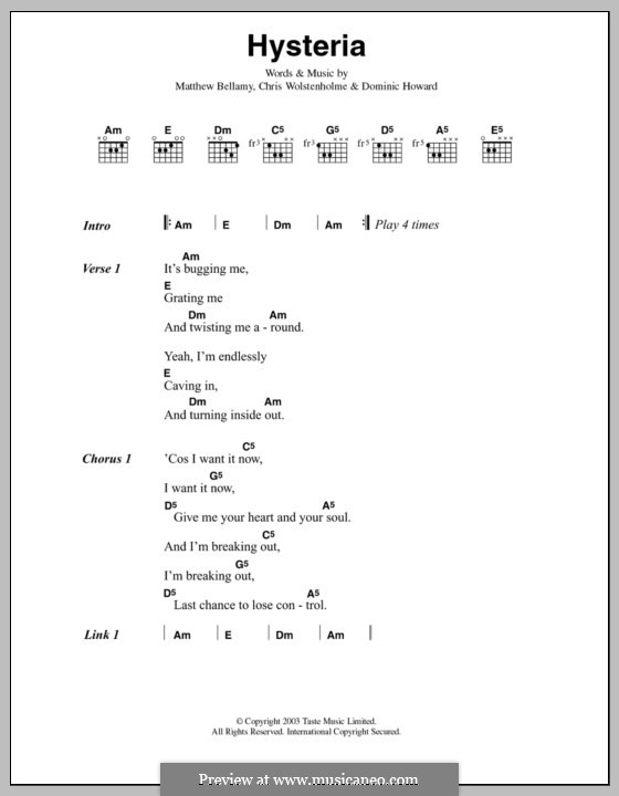 Hysteria (Muse): Lyrics and chords by Chris Wolstenholme, Dominic Howard, Matthew Bellamy