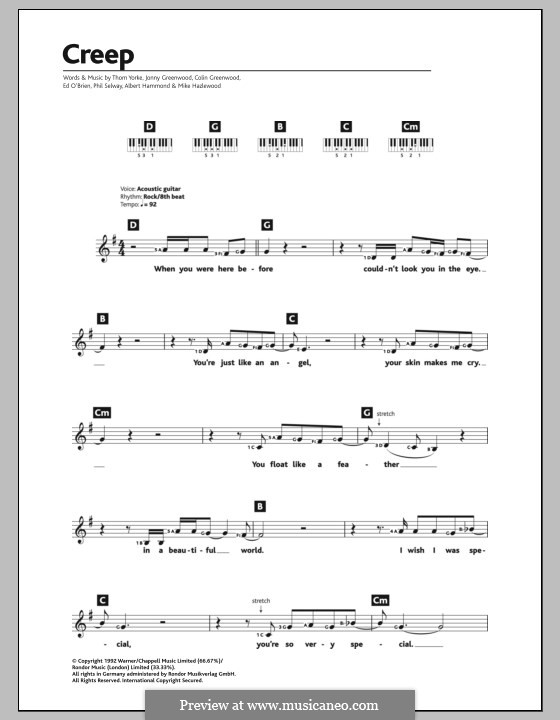 Creep (Radiohead): For keyboard by Albert Hammond, Colin Greenwood, Ed O'Brien, Jonny Greenwood, Mike Hazelwood, Phil Selway, Thomas Yorke