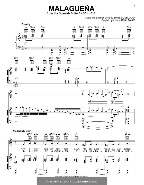 Malaguena: For voice and piano (or guitar) by Ernesto Lecuona