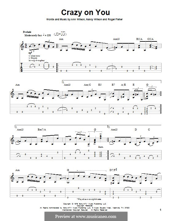 Crazy on You (Heart): For guitar with tab by Ann Wilson, Nancy Wilson, Roger Fisher