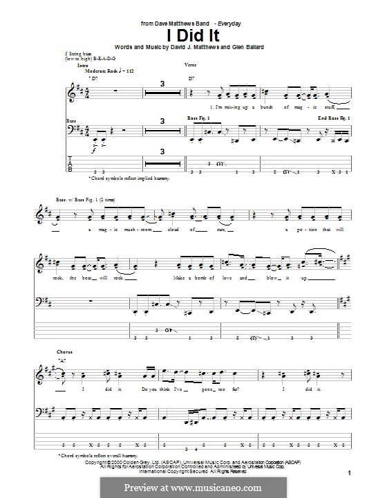 I Did It (Dave Matthews Band): For bass guitar with tab by David J. Matthews, Glen Ballard