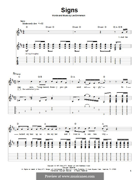 Signs (Five Man Electrical Band): For guitar with tab by Les Emmerson