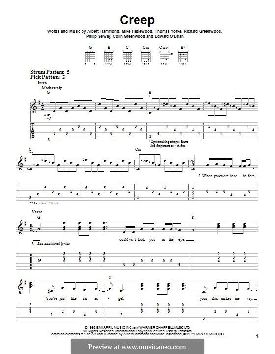 Creep (Radiohead): For guitar with tab by Albert Hammond, Colin Greenwood, Ed O'Brien, Jonny Greenwood, Mike Hazelwood, Phil Selway, Thomas Yorke