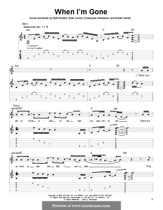 When I'm Gone (3 Doors Down): For guitar with tab by Brad Arnold, Christopher Henderson, Matthew Roberts, Todd Harrell