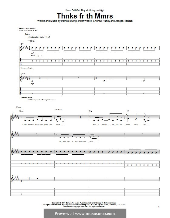 Thnks Fr Th Mmrs (Fall Out Boy): For guitar with tab by Andrew Hurley, Joseph Trohman, Patrick Stump, Peter Wentz