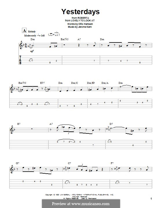 Yesterdays (from Roberta): For guitar with tab by Jerome Kern