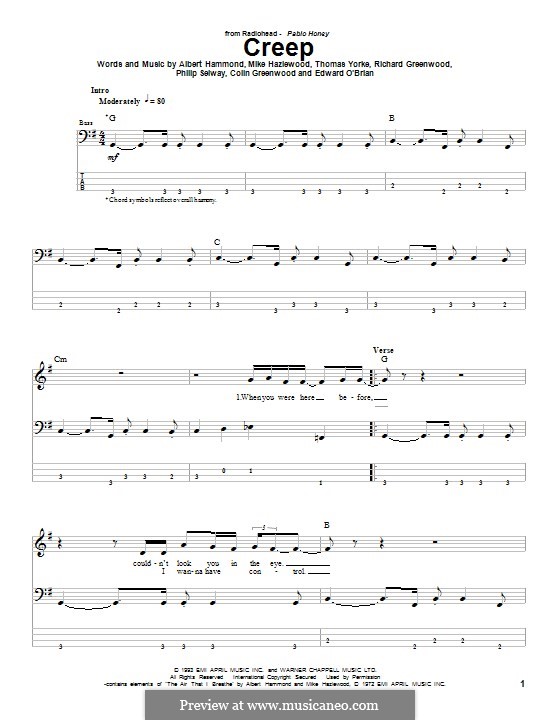 Creep (Radiohead): For bass guitar with tab by Albert Hammond, Colin Greenwood, Ed O'Brien, Jonny Greenwood, Mike Hazelwood, Phil Selway, Thomas Yorke