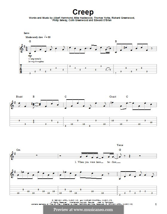 Creep (Radiohead): For guitar with tab by Albert Hammond, Colin Greenwood, Ed O'Brien, Jonny Greenwood, Mike Hazelwood, Phil Selway, Thomas Yorke