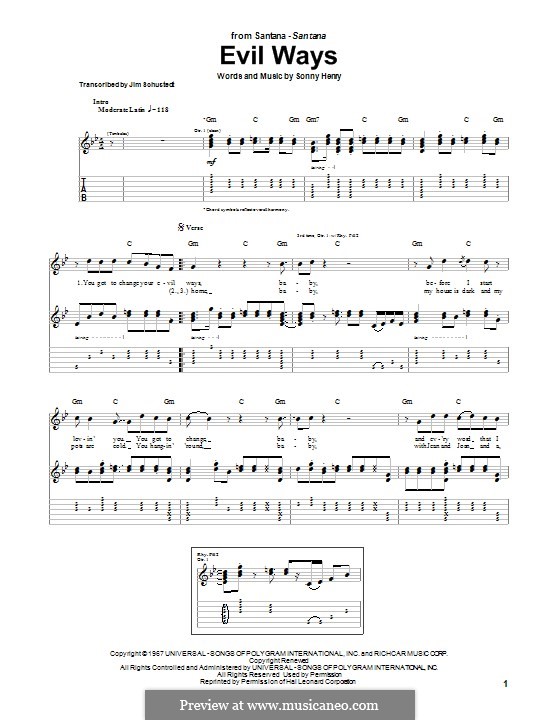 Evil Ways (Santana): For guitar with tab by Sonny Henry