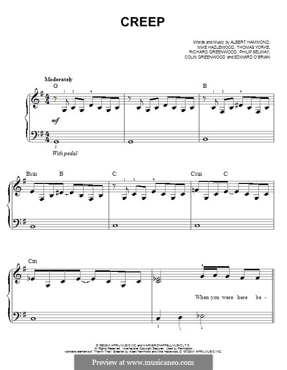 Creep (Radiohead): For piano by Albert Hammond, Colin Greenwood, Ed O'Brien, Jonny Greenwood, Mike Hazelwood, Phil Selway, Thomas Yorke