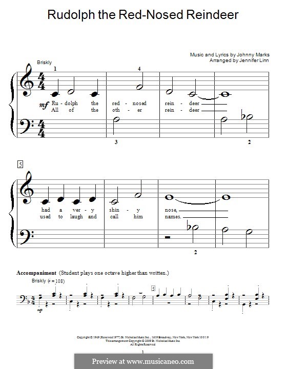 Rudolph the Red-Nosed Reindeer (Piano version): For a single performer by Johnny Marks