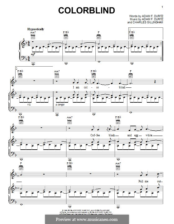 Colorblind (Counting Crows): For voice and piano (or guitar) by Adam F. Duritz, Charles Gillingham