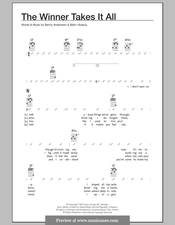 The Winner Takes it All (ABBA): For ukulele by Benny Andersson, Björn Ulvaeus