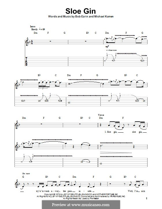 Sloe Gin (Joe Bonamassa) by B. Ezrin, M. Kamen sheet music on MusicaNeo
