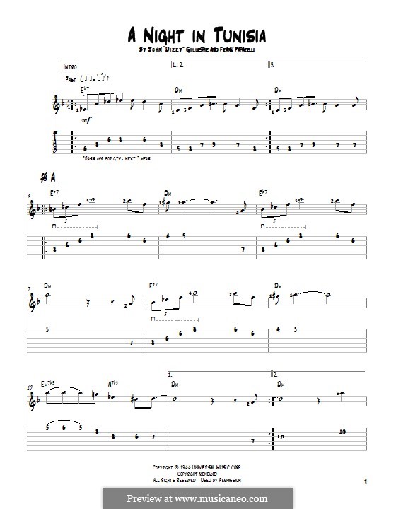 A Night In Tunisia: For guitar with tab by Dizzy Gillespie, Frank Paparelli