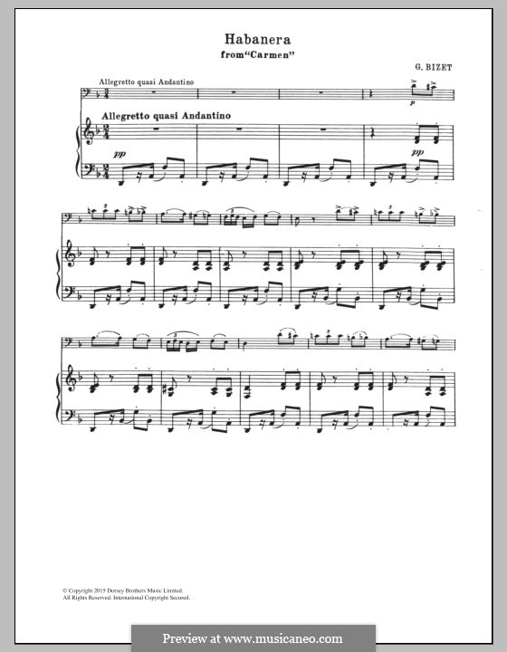 Habanera (Printable Scores): For cello and piano by Georges Bizet
