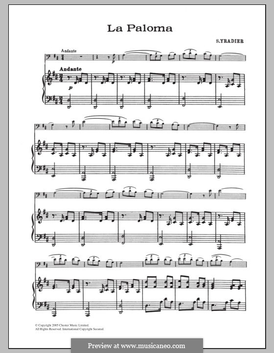 La Paloma (The Dove): For cello and piano by Sebastián Yradier