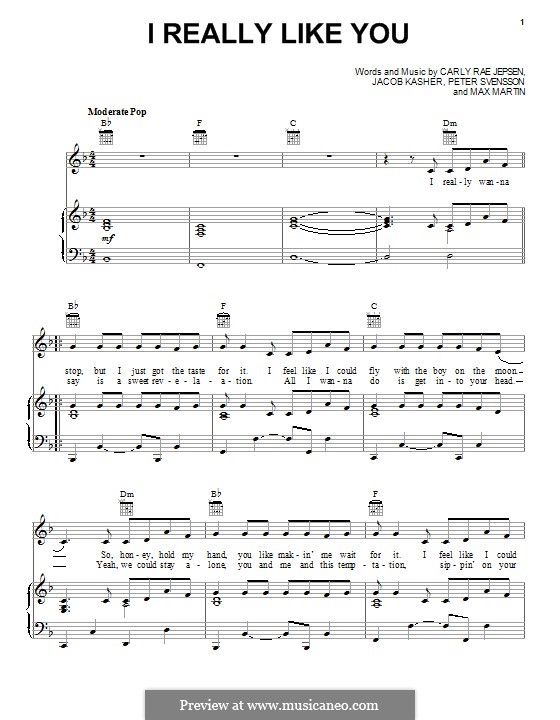 I Really Like You: For voice and piano (or guitar) by Jacob Kasher Hindlin, Peter Svensson, Carly Rae Jepsen