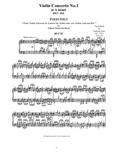 Concerto for Violin, Strings and Basso Continuo No.1 in A Minor, BWV 1041: Movement III Allegro assai, for piano by Johann Sebastian Bach