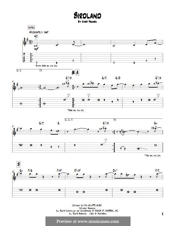 Birdland (Weather Report): For guitar with tab by Josef Zawinul