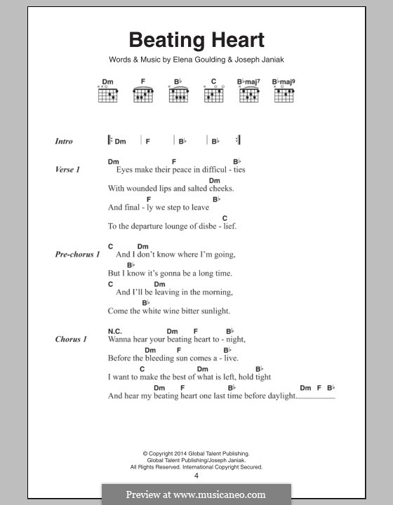 Beating Heart: Lyrics and chords by Ellie Goulding, Joseph Janiak