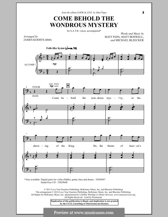 Come Behold the Wondrous Mystery: For mixed choir by Matt Boswell, Michael Bleecker, Matt Papa