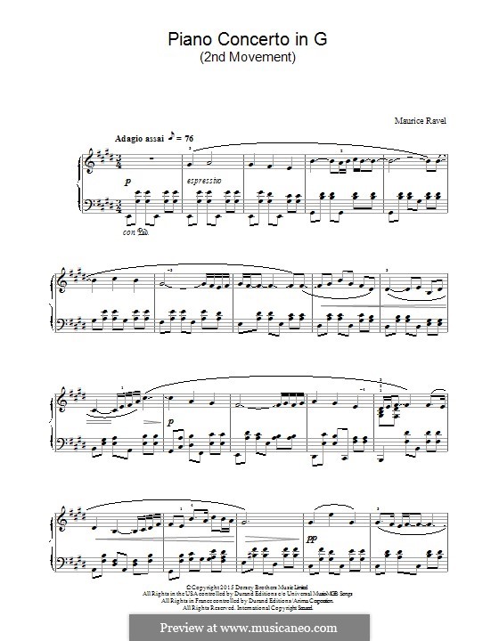 Concerto for Piano and Orchestra in G Major, M.83: Movement II 'Adagio Assai'. Version for piano by Maurice Ravel