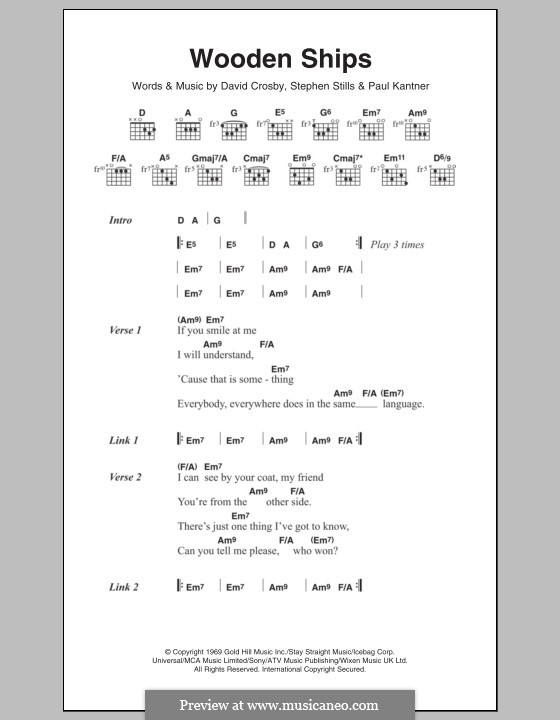 Wooden Ships (Crosby, Stills & Nash): Lyrics and chords by David Crosby, Paul Kantner, Stephen Stills