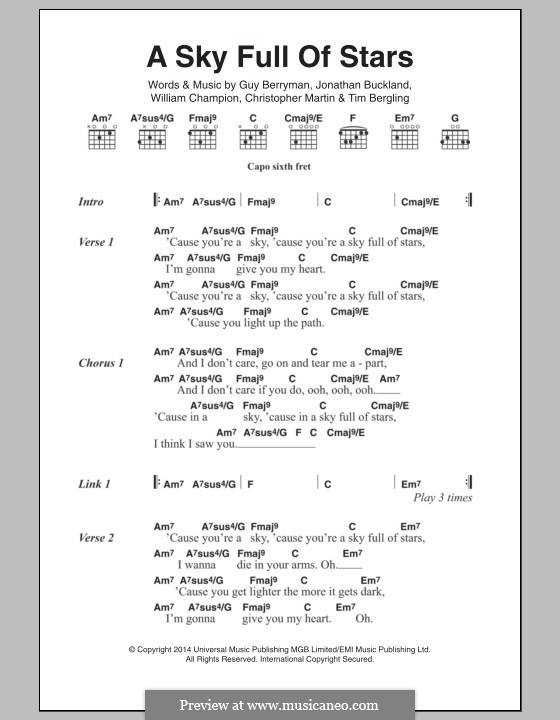 A Sky Full of Stars (Coldplay): Lyrics and chords by Chris Martin, Guy Berryman, Jonny Buckland, Avicii, Will Champion