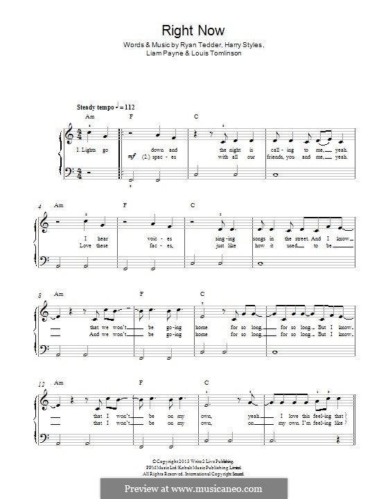 Right Now (One Direction): For piano by Ryan B Tedder, Louis Tomlinson, Liam Payne, Harry Styles