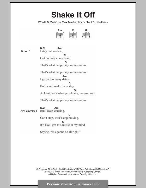 Piano-vocal version: Lyrics and chords by Shellback, Max Martin, Taylor Swift