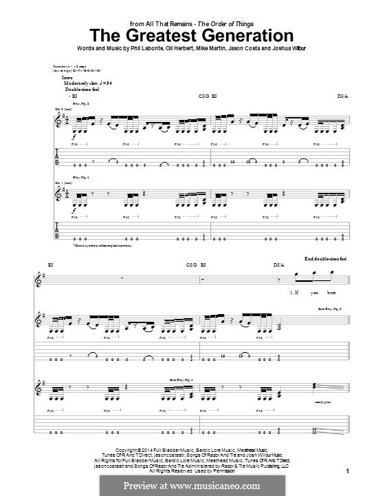 The Greatest Generation (All That Remains): For guitar with tab by Jason Costa, Mike Martin, Oli Herbert, Philip LaBonte, Joshua Wilbur