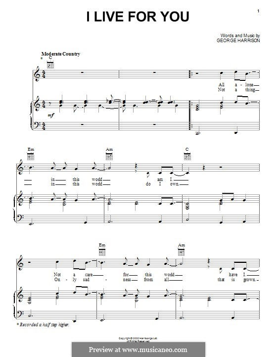 I Live for You: For voice and piano (or guitar) by George Harrison