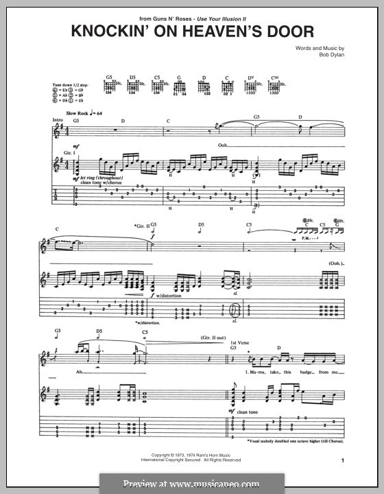 Knockin On Heaven S Door By B Dylan Sheet Music On Musicaneo