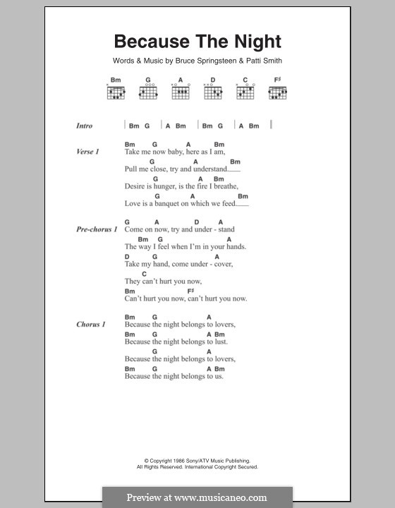 Because the Night: Lyrics and chords by Bruce Springsteen, Patti Smith