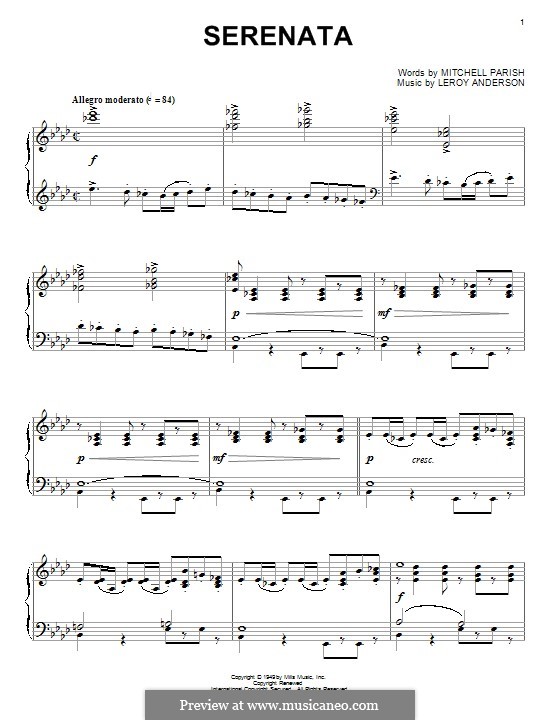 Serenata (Sarah Vaughan): For piano by Leroy Anderson
