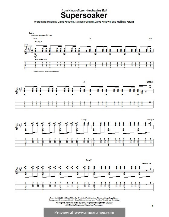 Supersoaker (Kings of Leon): For guitar with tab by Anthony Caleb Followill, Jared Followill, Matthew Followill, Nathan Followill