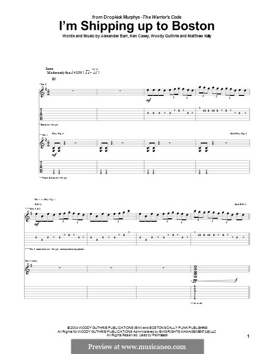 I'm Shipping Up To Boston (Dropkick Murphys): For guitar with tab by Kenneth Casey, Woody Guthrie, Alexander Martin Barr, Matthew Kelly