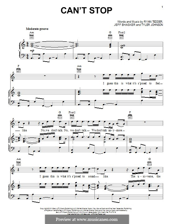 Can't Stop (OneRepublic): For voice and piano (or guitar) by Jeff Bhasker, Ryan B Tedder, Tyler Sam Johnson