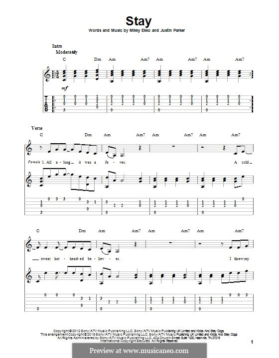 Stay (Rihanna): For guitar with tab by Justin Parker, Elof Loelv, Mikky Ekko