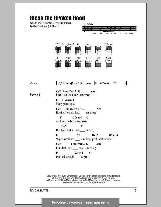 Bless the Broken Road (Rascal Flatts): Lyrics and chords by Bobby Boyd, Jeffrey Hanna, Marcus Hummon